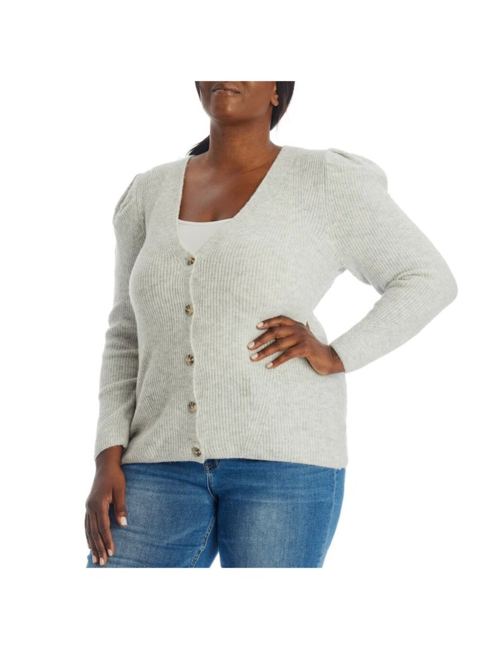 1State Womens Cardigan Sweater Puff Sleeve Ribbed V Neck Gray 1X